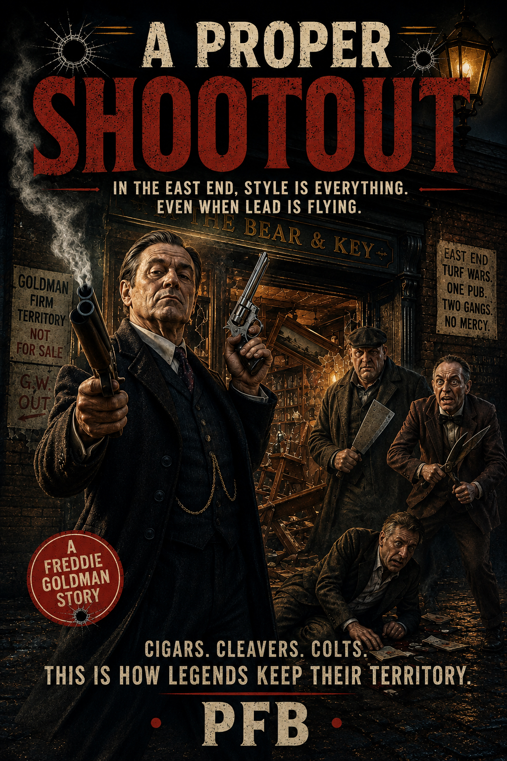 When corporate gangster George White tries to muscle in on Freddie Goldman’s territory, he expects a straightforward takeover. Freddie expects a proper, old‑school cinematic showdown—colt revolvers, memorable one‑liners, the works. What he gets is spreadsheets, tailor’s shears, and a man flipping a coin like it’s a weapon. Sharp, silly and gloriously East End—this is what happens when you take tradition far more seriously than territory. Hope you enjoy. When corporate gangster George White tries to muscle in on Freddie Goldman’s territory, he expects a straightforward takeover. Freddie expects a proper, old‑school cinematic showdown—colt revolvers, memorable one‑liners, the works. What he gets is spreadsheets, tailor’s shears, and a man flipping a coin like it’s a weapon. Sharp, silly and gloriously East End—this is what happens when you take tradition far more seriously than territory. Hope you enjoy.